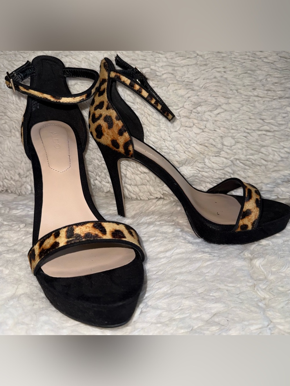 Aldo Black Suede Stiletto Sandals with Leopard Print Straps